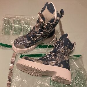 Azalea Wang denim rhinestone combat boots NEW